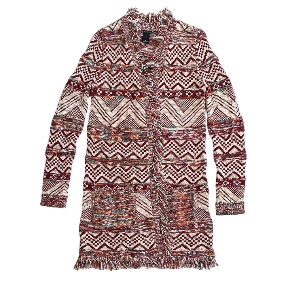 New Direction Womens Open Front Cardigan Sweater Medium Burgundy Aztec Fringe - Picture 5 of 7